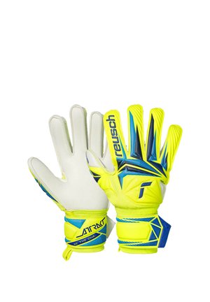 Helle gelbe und blaue Torwarthandschuhe mit "reusch"-Markenlogo und verstellbaren Handgelenkriemen, einer zeigt die Handfläche, der andere die Rückhandseite.