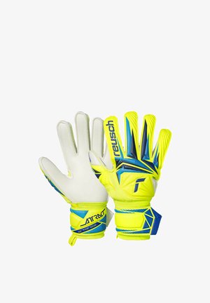 Helle gelbe und blaue Torwarthandschuhe mit "reusch"-Markenlogo und verstellbaren Handgelenkriemen, einer zeigt die Handfläche, der andere die Rückhandseite.