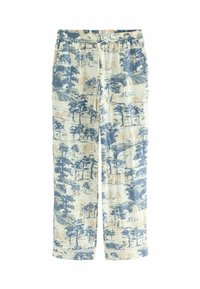 Pantaloni a gamba larga con motivo in tessuto leggero, caratterizzati da una stampa paesaggistica blu su sfondo crema; vita elastica e tasche laterali.