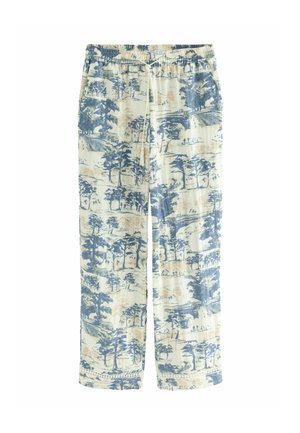 Geprinte wijde broek in lichte stof met een blauw landschap op een crèmekleurige achtergrond; elastische tailleband en zijzakken.