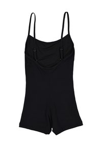 Czarny kombinezon na cienkich ramiączkach, z dekoltem w serek i dopasowanym fasonem. Wykonany z miękkiego materiału, charakteryzuje się gładką strukturą.