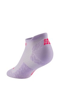 Helle lila Knöchelsocke mit strukturiertem Muster, verstärktem Fersenbereich und leuchtend pinken Akzenten. Aus dehnbarem Material für Komfort und Passform hergestellt.