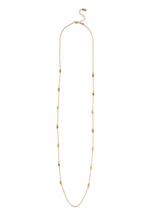 Delicate gold chain necklace with small, evenly spaced oval beads and an adjustable clasp on a white background.