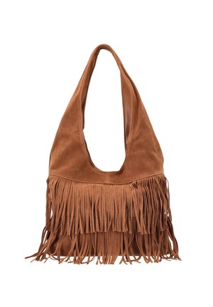 Brązowa zamszowa torba na ramię z długimi frędzlami wzdłuż dolnej części i szerokim, miękkim uchwytem.