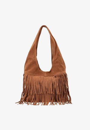 Brązowa zamszowa torba na ramię z długimi frędzlami wzdłuż dolnej części i szerokim, miękkim uchwytem.