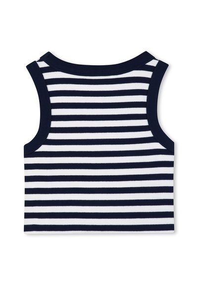 Haut court sans manches avec des rayures horizontales bleu marine et blanches, texture côtelée et encolure arrondie.
