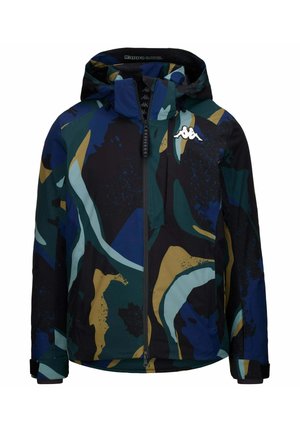 Giacca con cappuccio in un motivo multicolore camouflage con verde, blu e nero. Presenta una zip frontale e un logo sul lato sinistro.