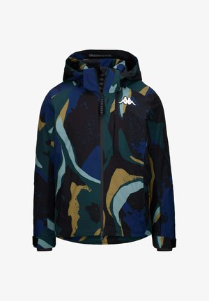 Giacca con cappuccio in un motivo multicolore camouflage con verde, blu e nero. Presenta una zip frontale e un logo sul lato sinistro.