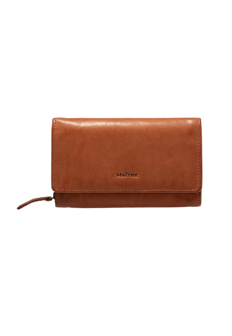 Brown leather wallet with a smooth finish, featuring a flap closure, embossed logo, and a side zipper for secure storage.