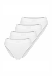 Weiße Baumwollslips im Set von vier, mit glatter Textur, elastischem Bund und minimalistischen Design ohne sichtbare Muster.