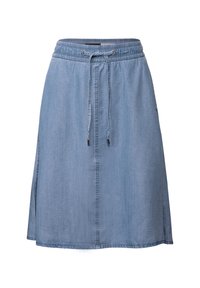 Lys blå denimnederdel med elastisk talje, justerbar snor og sideslidser for nem bevægelse. Glat tekstur og A-formet design.