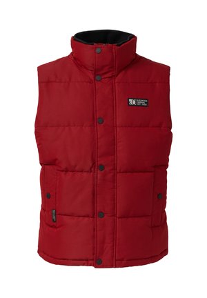 Rode puffer vest met hoge kraag, sluiting met drukknopen aan de voorkant en twee voorzakken. Bevat een logo patch op de linkerkant van de borst. Glad textuur.