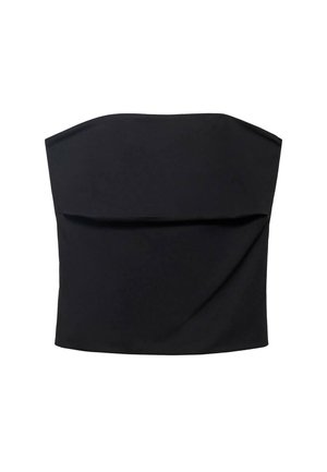Black strapless top made from smooth fabric, featuring a draped front and straight neckline. Simple design with no visible hardware or patterns.
