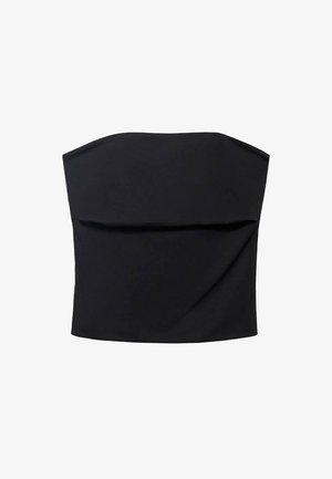 Črn brezramni top iz gladkega materiala, ki ima drapirano sprednjo stran in ravno ovratnik. Preprost dizajn brez vidne kovinske opreme ali vzorcev.
