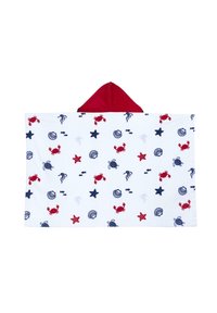 Hooded towel with a red hood, featuring a white fabric decorated with blue and red sea creatures and shells in varied patterns.