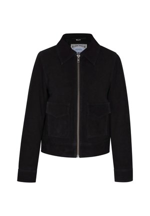 Must mustvalge jakk, millel on krae, esine tõmblukk, kaks rinna/taskut ja pikad varrukad. Tekstuuriga pind ja lühendatud siluett.