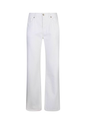 Pantalon en denim blanc à jambes droites, fermeture avant par bouton et zip, deux poches avant et passants pour ceinture.