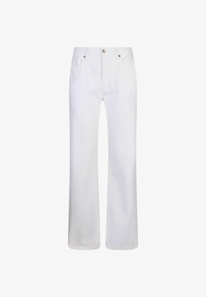 Pantalon en denim blanc à jambes droites, fermeture avant par bouton et zip, deux poches avant et passants pour ceinture.