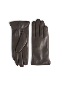 Gants en cuir marron au toucher lisse, arborant un design à cinq doigts et un poignet côtelé. Notables pour le détail de couture sur la paume.