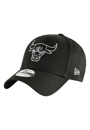 Cappellino da baseball nero regolabile con logo dei Chicago Bulls ricamato bianco e logo New Era sul lato.