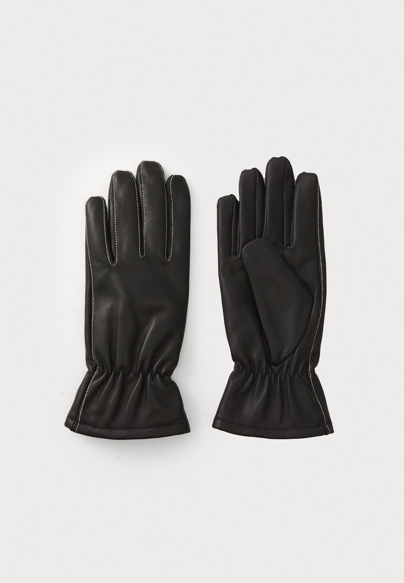 Guanti in pelle nera con una vestibilità aderente, design dei polsi arricciato, cuciture bianche a contrasto e costruzione a cinque dita.