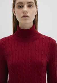Roter, kabelgestrickter Rollkragenpullover mit geripptem Kragen und strukturierten Mustern. Der figurbetonte Schnitt betont die Konturen ohne zusätzliche Details.