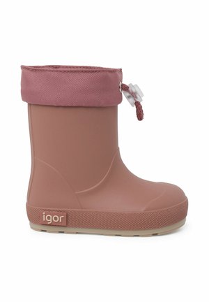 Botte de pluie en caoutchouc rose avec une semelle texturée beige, un revers en tissu et un cordon de serrage ajustable. Logo affiché sur le côté.