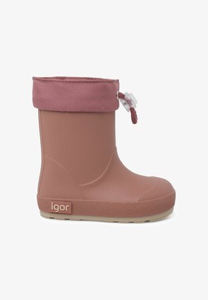 Botte de pluie en caoutchouc rose avec une semelle texturée beige, un revers en tissu et un cordon de serrage ajustable. Logo affiché sur le côté.