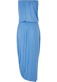 Robe maxi sans bretelles de couleur bleu clair avec une taille élastique et un ourlet asymétrique, fabriquée en tissu doux et fluide.