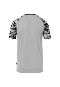 Grijze shirt met korte mouwen en zwarte geprinte accenten op de mouwen, ronde hals en een rechte zoom. Gemaakt van lichtgewicht, ademend materiaal.