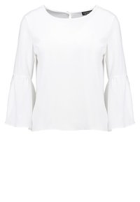 Blusa bianca con maniche lunghe a campana e scollatura rotonda. Tessuto morbido, apertura a chiave sul retro e design minimalista.