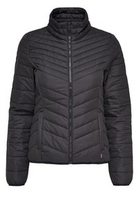 Czarna kurtka puchowa z wysokim kołnierzem, z pikowanym wzorem w zygzak, z zapięciem na zamek błyskawiczny z przodu oraz kieszeniami po bokach. Wykonana z lekkiego, izolowanego materiału.