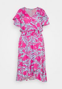 Květinové šaty s volným střihem a v-výstřihem, krátkými volánovými rukávy, elastickým pasem a růžovo-tyrkysovou barevnou kombinací s tropickými listovými vzory.