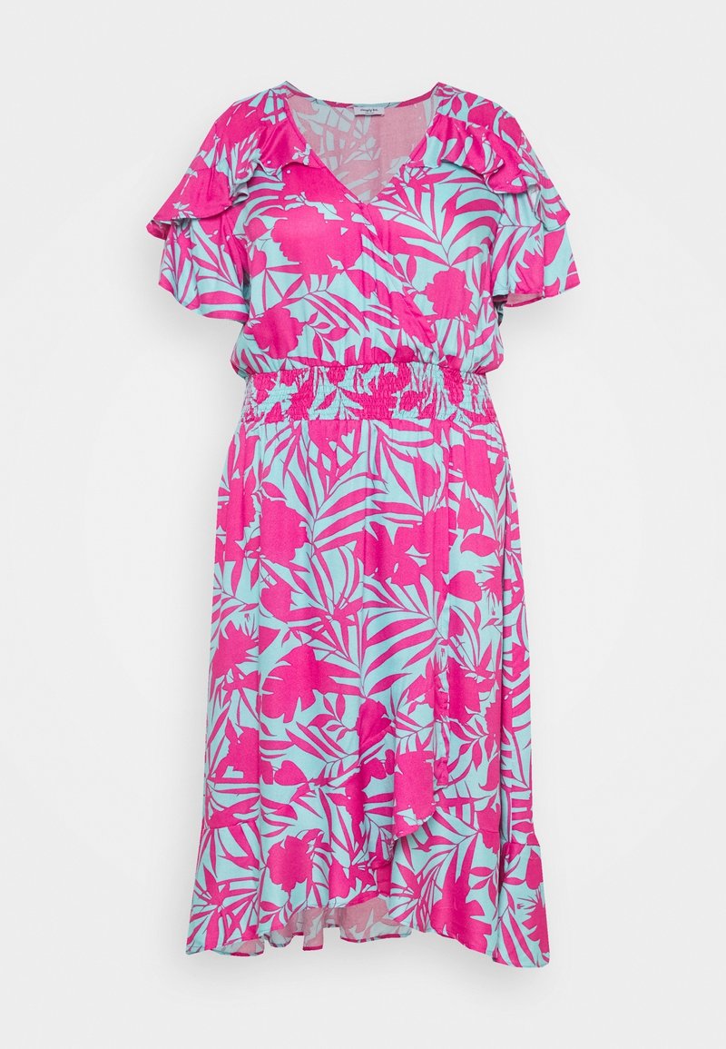 Květinové šaty s volným střihem a v-výstřihem, krátkými volánovými rukávy, elastickým pasem a růžovo-tyrkysovou barevnou kombinací s tropickými listovými vzory.