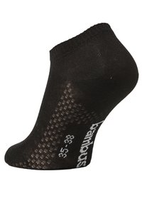 Chaussette noire jusqu'à la cheville en tissu texturé, avec un talon renforcé, un bord lisse et un motif subtil, comportant des indications de taille sur le côté.