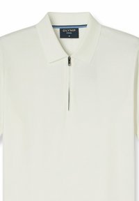 Weißes Poloshirt mit kurzen Ärmeln, Kragen und halbem Reißverschluss, Größe M, mit dem Label "OLYMP Casual."