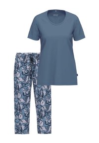 Tweedelige lounge set met een effen blauwe top met korte mouwen en broek met een bloemenpatroon in verschillende tinten blauw en wit.
