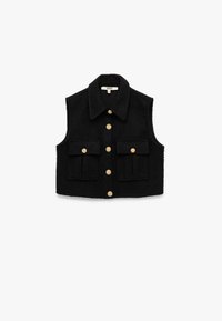 Sorte cropped vest lavet af tekstureret stof med spidse kraver, fem gyldne knapper og to frontlommer med klaplukninger.