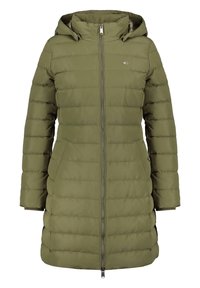 Olivgrön puffjacka med huva, vertikala sömmar, dragkedjestängning fram, sidofickor och ribbade ärmmuddar. Längd till mitten av låret, mjuk textur.