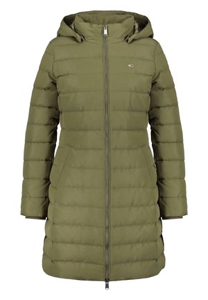 Olive green puffer jacket with a hood, vertical stitching, zip front closure, side pockets, and ribbed cuffs. Mid-thigh length, soft texture.