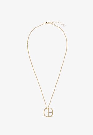 Collana in tono oro con una fine catena e un pendente geometrico che presenta una forma quadrata con un design aperto. Lunghezza regolabile.