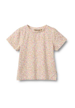 Kinder-T-Shirt mit kurzen Ärmeln und kleinem Blumenmuster in Pink, Gelb und Grün auf hellbeigem Hintergrund.
