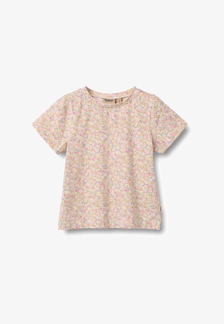 Rövid ujjú gyerekpóló világos bézs alapon rózsaszín, sárga és zöld apró virágmintával.