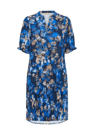 Tumesinine kleit, millel on siniste, valgete ja pruunide lillemotiividega. Plisseeritud disain, lühikesed puffvarrukad ja V-kaelus.