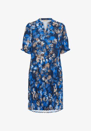 Tumesinine kleit, millel on siniste, valgete ja pruunide lillemotiividega. Plisseeritud disain, lühikesed puffvarrukad ja V-kaelus.