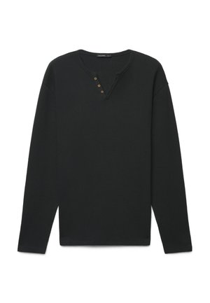 Black long-sleeve henley shirt with three small buttons on a notched neckline, laid flat on a white background.