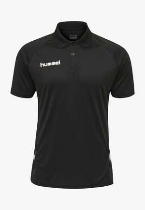 Zwarte polo gemaakt van glad, ademend materiaal. Heeft een licht gestructureerde kraag, een knoopsluiting bij de hals en witte logo-accenten.