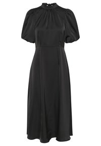 Rochie din satin negru cu guler înalt, mâneci scurte bufante și corset ajustat. Jupon care se lasă până la jumătatea gambei. Textură netedă.