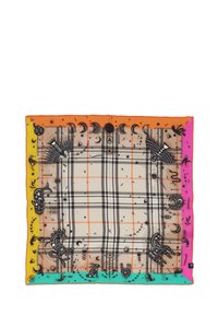 Colorful square scarf with a transparent design, featuring a plaid pattern in tan and black, bordered by vibrant colors and whimsical illustrations.