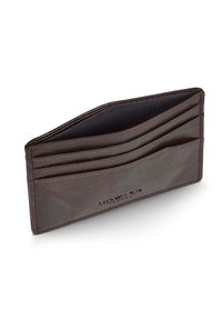 Brauner Leder-Kartenhalter mit vier Kartenfächern, schlankem Design und geprägtem Markenlogo auf der Vorderseite in glattem Material.